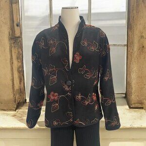 Black Embroidered Floral Mandarin Collar Jacket M Elegant Boho Chic Retro Artsy